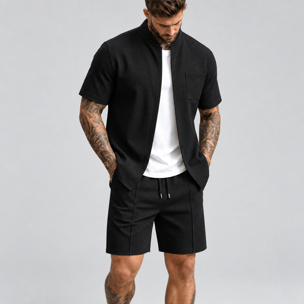 Conjunto de Verano para Hombre con Camisa de Cuello Mao y Shorts, camiseta de cuello redondo liso con bolsillo y manga corta y pantalones cortos de playa, traje casual masculino