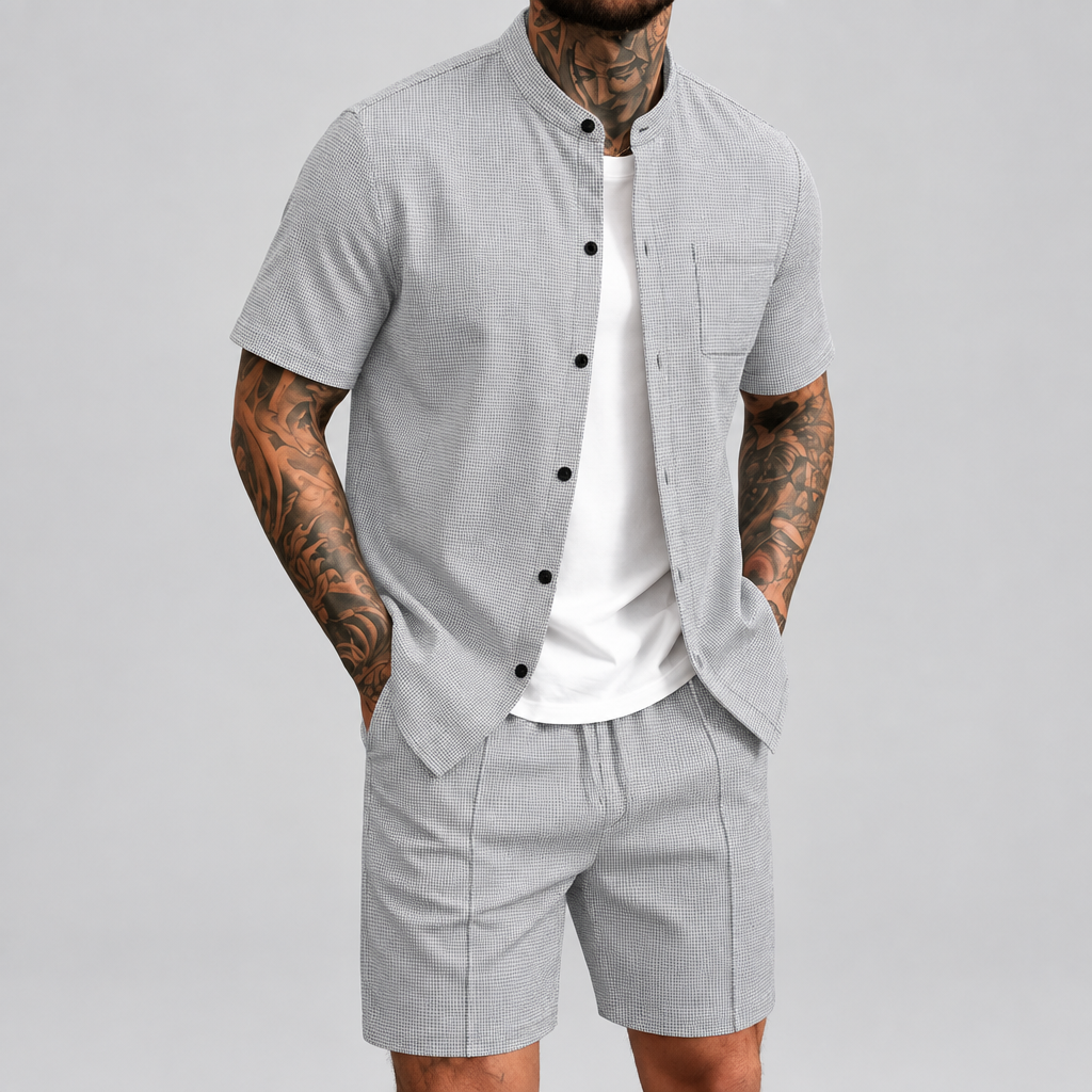 Conjunto de Verano para Hombre con Camisa de Cuello Mao y Shorts, camiseta de cuello redondo liso con bolsillo y manga corta y pantalones cortos de playa, traje casual masculino