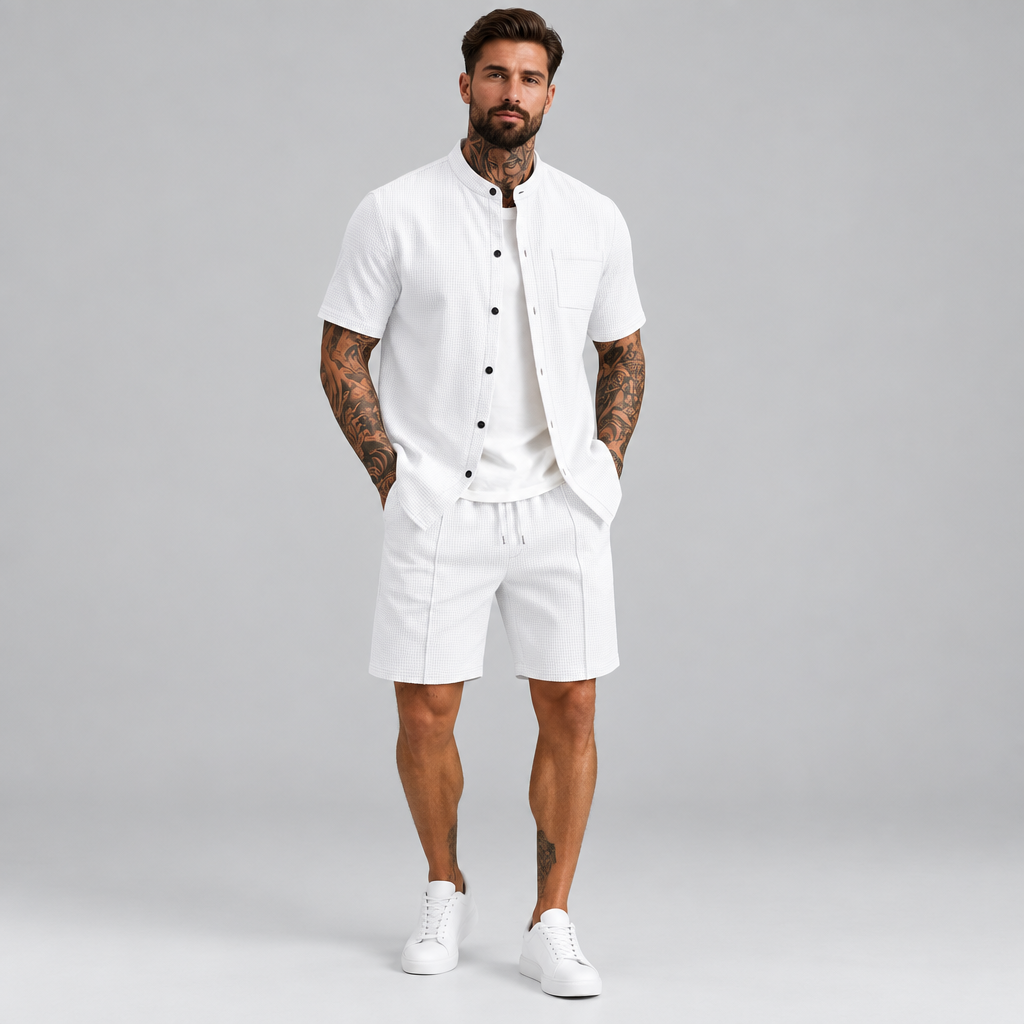 Conjunto de Verano para Hombre con Camisa de Cuello Mao y Shorts, camiseta de cuello redondo liso con bolsillo y manga corta y pantalones cortos de playa, traje casual masculino