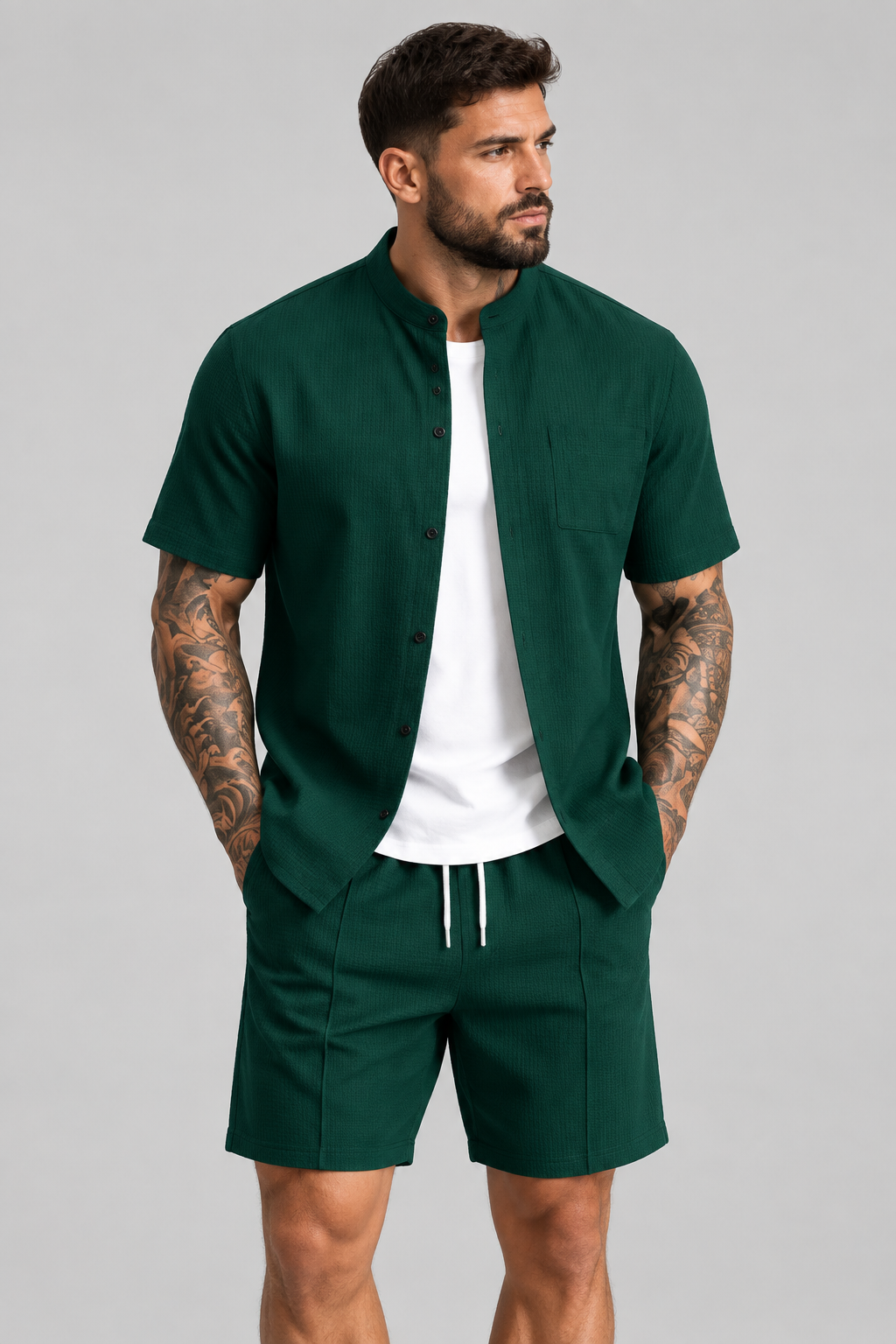 Conjunto de Verano para Hombre con Camisa de Cuello Mao y Shorts, camiseta de cuello redondo liso con bolsillo y manga corta y pantalones cortos de playa, traje casual masculino
