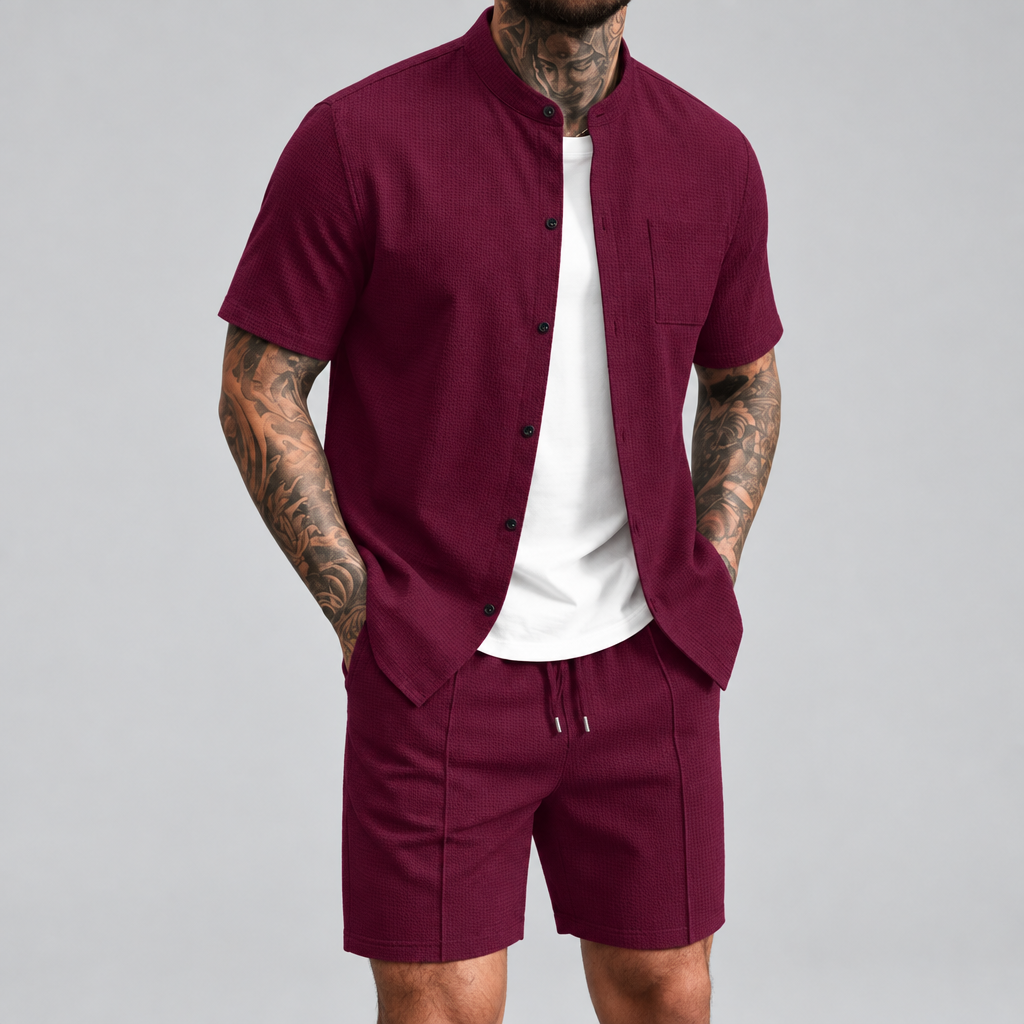 Conjunto de Verano para Hombre con Camisa de Cuello Mao y Shorts, camiseta de cuello redondo liso con bolsillo y manga corta y pantalones cortos de playa, traje casual masculino