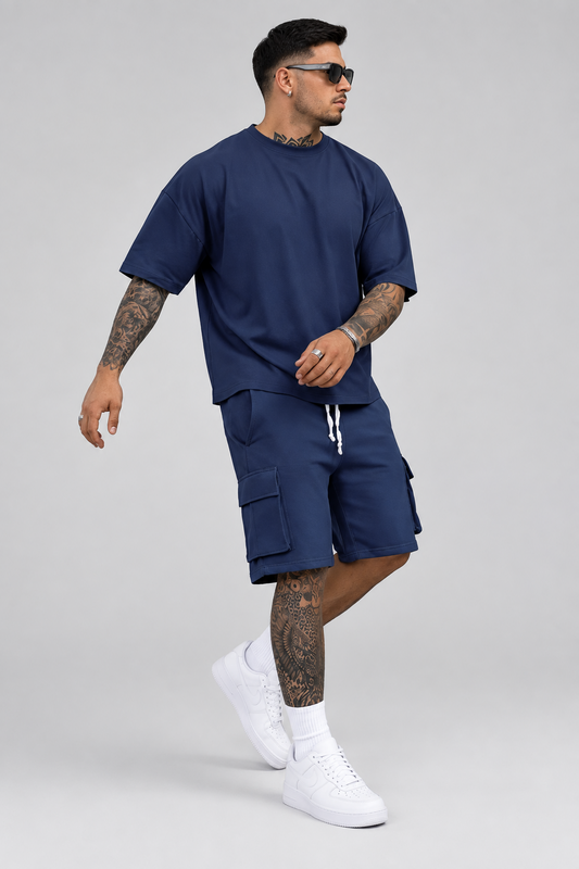 Conjunto de Verano para Hombre con Camisa de Cuello Mao y Shorts, Nuevo conjunto de camiseta de moda de verano y pantalones cortos utilitarios de color sólido, un traje casual y deportivo para hombre