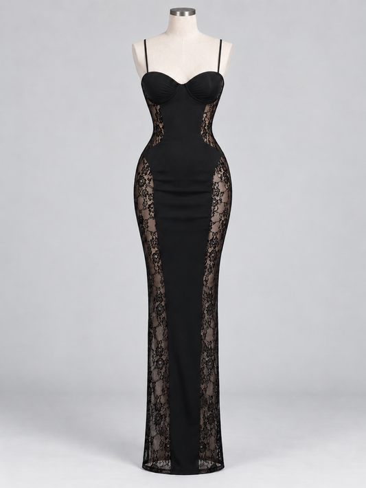 Vestido Amélie Noir – Elegante Diseño Ajustado con Encaje de mujer Funda de encaje de retazos Camisela lisa sin mangas Tendencia de fiesta Moda Túnicas vestidos femeninas