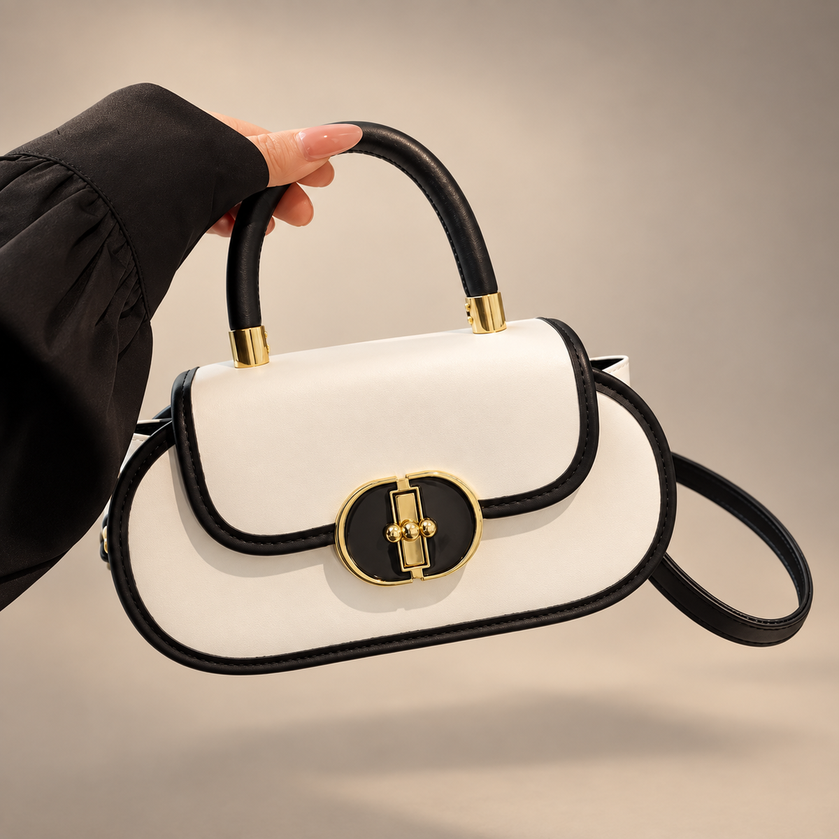 Bolso Élite Bicolor  Un diseño sofisticado en blanco y negro, realzado con elegantes detalles dorados. Su estilo versátil y moderno lo convierte en el complemento perfecto para elevar cualquier look, tanto de día como de noche.