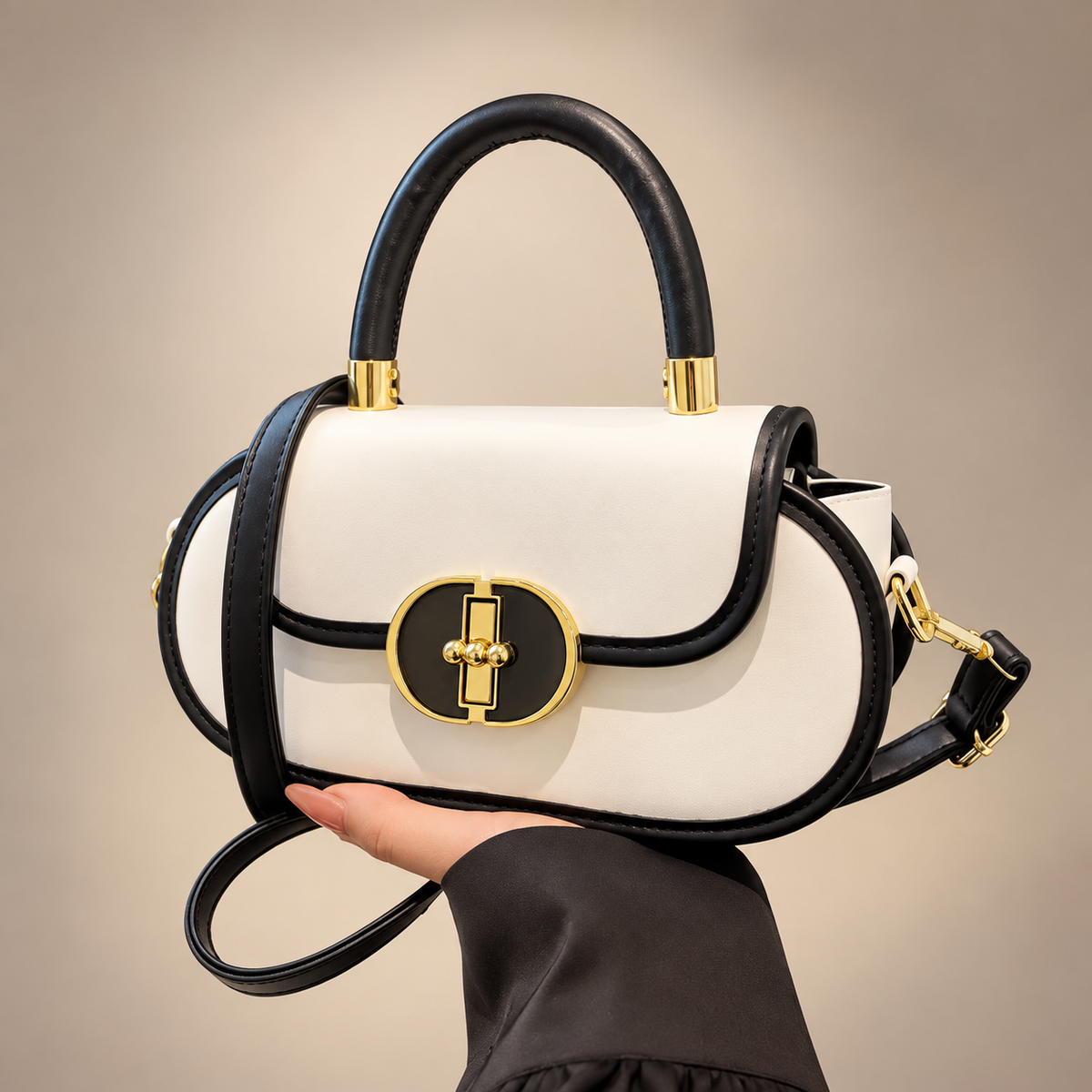 Bolso Élite Bicolor  Un diseño sofisticado en blanco y negro, realzado con elegantes detalles dorados. Su estilo versátil y moderno lo convierte en el complemento perfecto para elevar cualquier look, tanto de día como de noche.