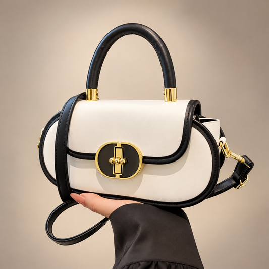 Bolso Élite Bicolor  Un diseño sofisticado en blanco y negro, realzado con elegantes detalles dorados. Su estilo versátil y moderno lo convierte en el complemento perfecto para elevar cualquier look, tanto de día como de noche.