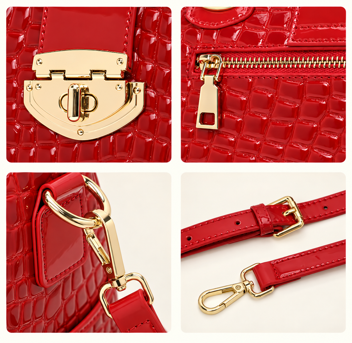 Bolso Scarlet Élégance  Un bolso estructurado en rojo brillante con textura tipo cocodrilo y elegantes herrajes dorados. Su diseño espacioso y sofisticado es perfecto para elevar cualquier look diario o especial.
