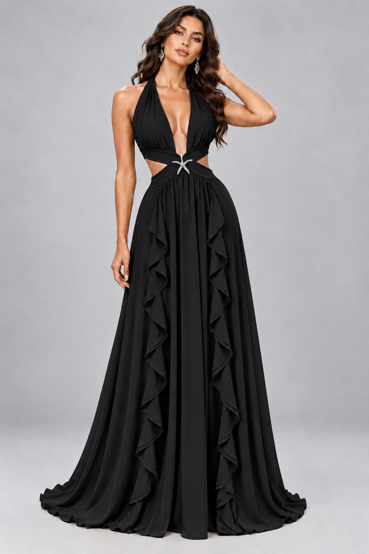 Gala Estrella Noire vestido largo de húster sólido con volantes para mujeres Vendaje Noche de fiesta sin espalda Vestidos largos