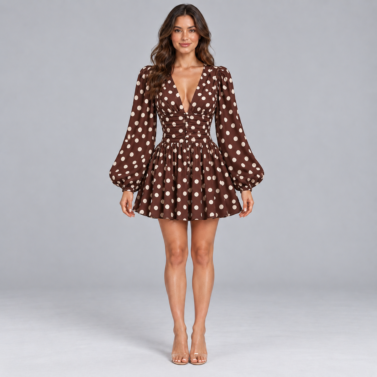 Vestidos Lunares Sofia con botones, vestido vintage de fiesta otoñal de lunares para mujeres, vestido mini casual de manga abullonada y cintura alta
