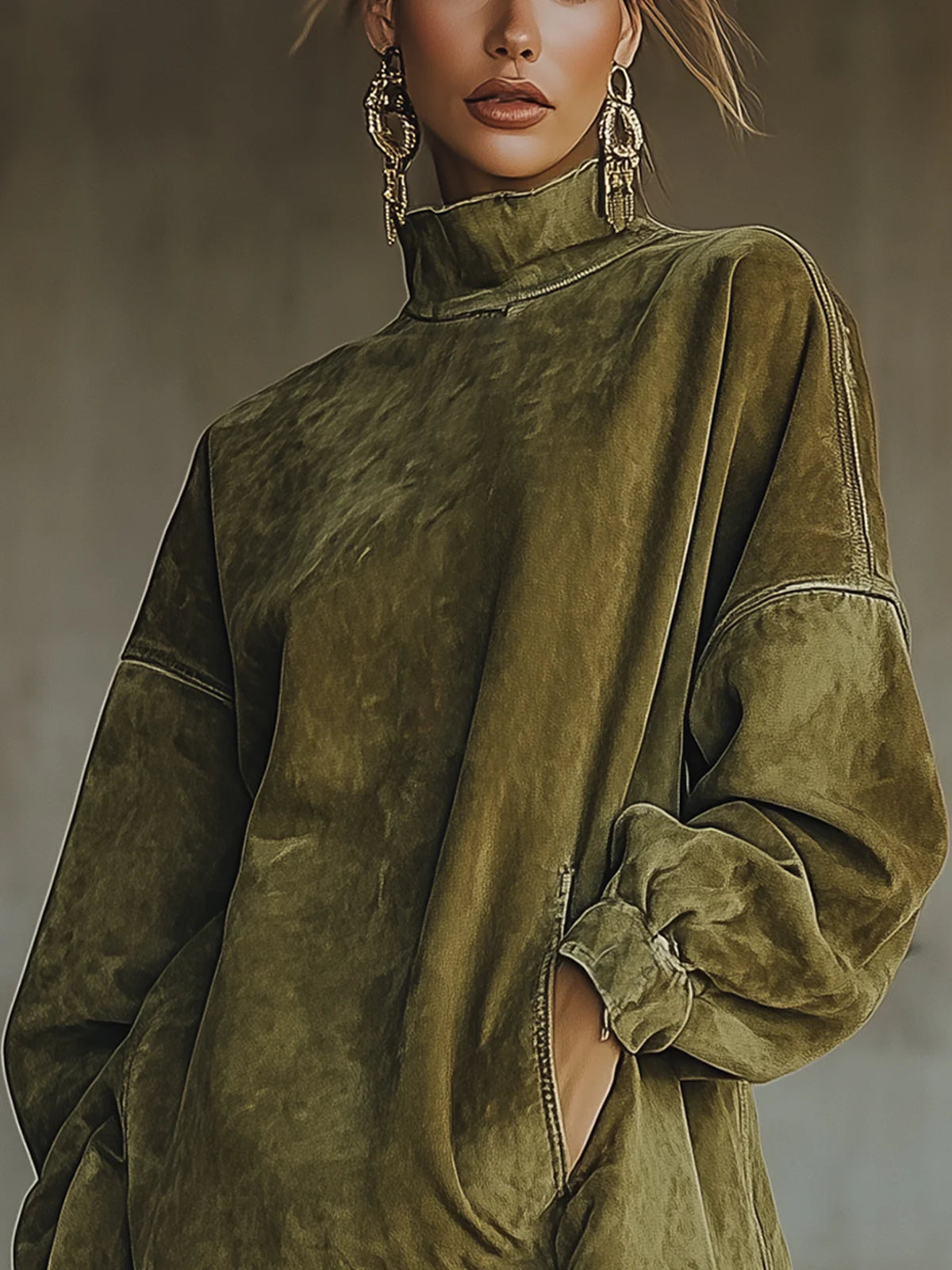 Gabrielle | Vestido de ante con cuello alto y flecos