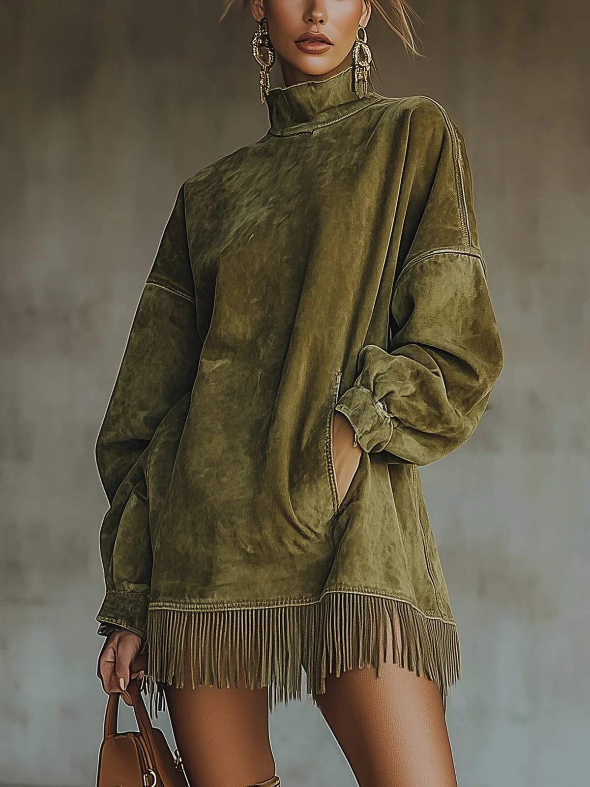 Gabrielle | Vestido de ante con cuello alto y flecos