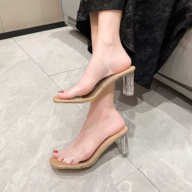 Sandalias Crytal Nude de verano para mujeres, zapatillas de gelatina de 9 cm, tacones cuadrados y abiertos, zapatillas transparentes para mujer, zapato, tacón, sandalias transparentes