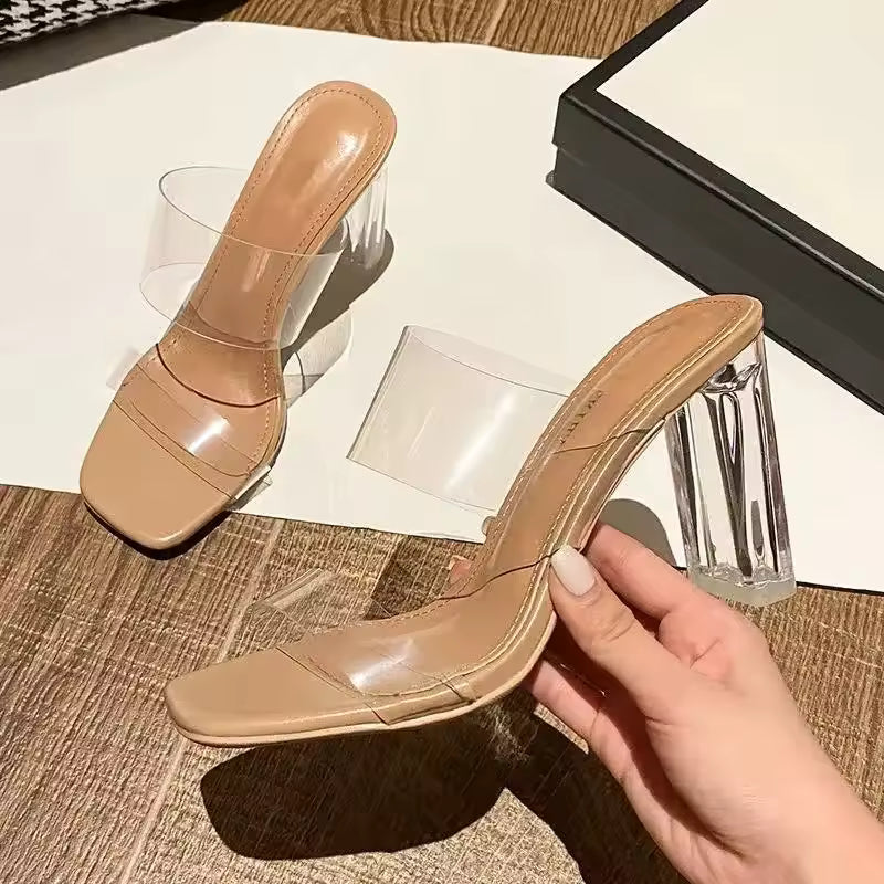 Sandalias Crytal Nude de verano para mujeres, zapatillas de gelatina de 9 cm, tacones cuadrados y abiertos, zapatillas transparentes para mujer, zapato, tacón, sandalias transparentes