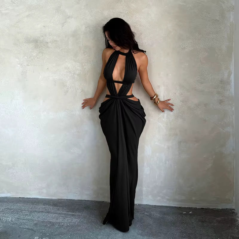 Vestido Noche de Gala largo  sin costas con recortes y sin mangas