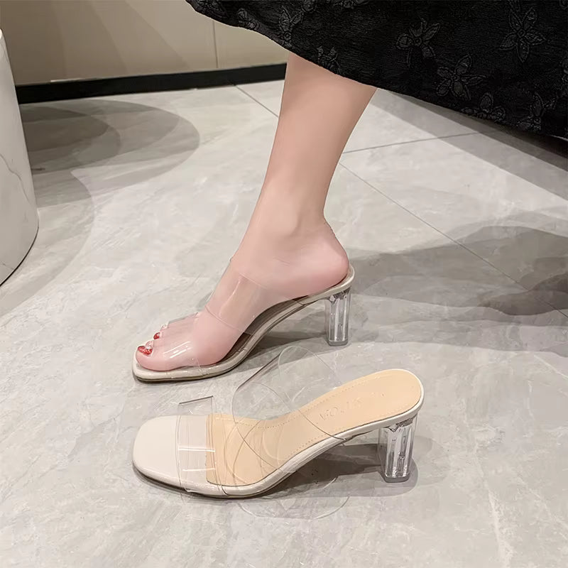 Sandalias Crytal Nude de verano para mujeres, zapatillas de gelatina de 9 cm, tacones cuadrados y abiertos, zapatillas transparentes para mujer, zapato, tacón, sandalias transparentes