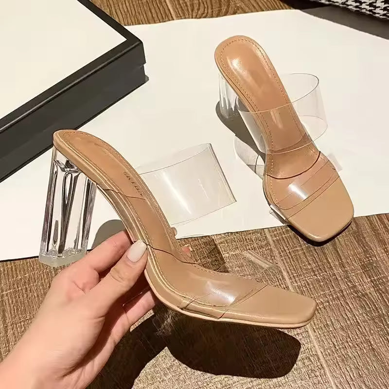 Sandalias Crytal Nude de verano para mujeres, zapatillas de gelatina de 9 cm, tacones cuadrados y abiertos, zapatillas transparentes para mujer, zapato, tacón, sandalias transparentes