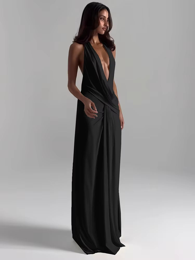 Sisterlinda Sexy Split Alto Vestido Largo Vestido Largo Caber Profundo Escote en V Sin Espalda Sin Mangas Sin Mangas Fiesta de Verano Vestidos Elegantes Arrugados