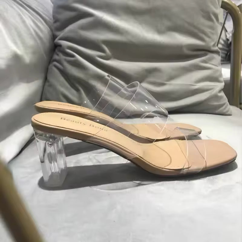 Sandalias Crytal Nude de verano para mujeres, zapatillas de gelatina de 9 cm, tacones cuadrados y abiertos, zapatillas transparentes para mujer, zapato, tacón, sandalias transparentes