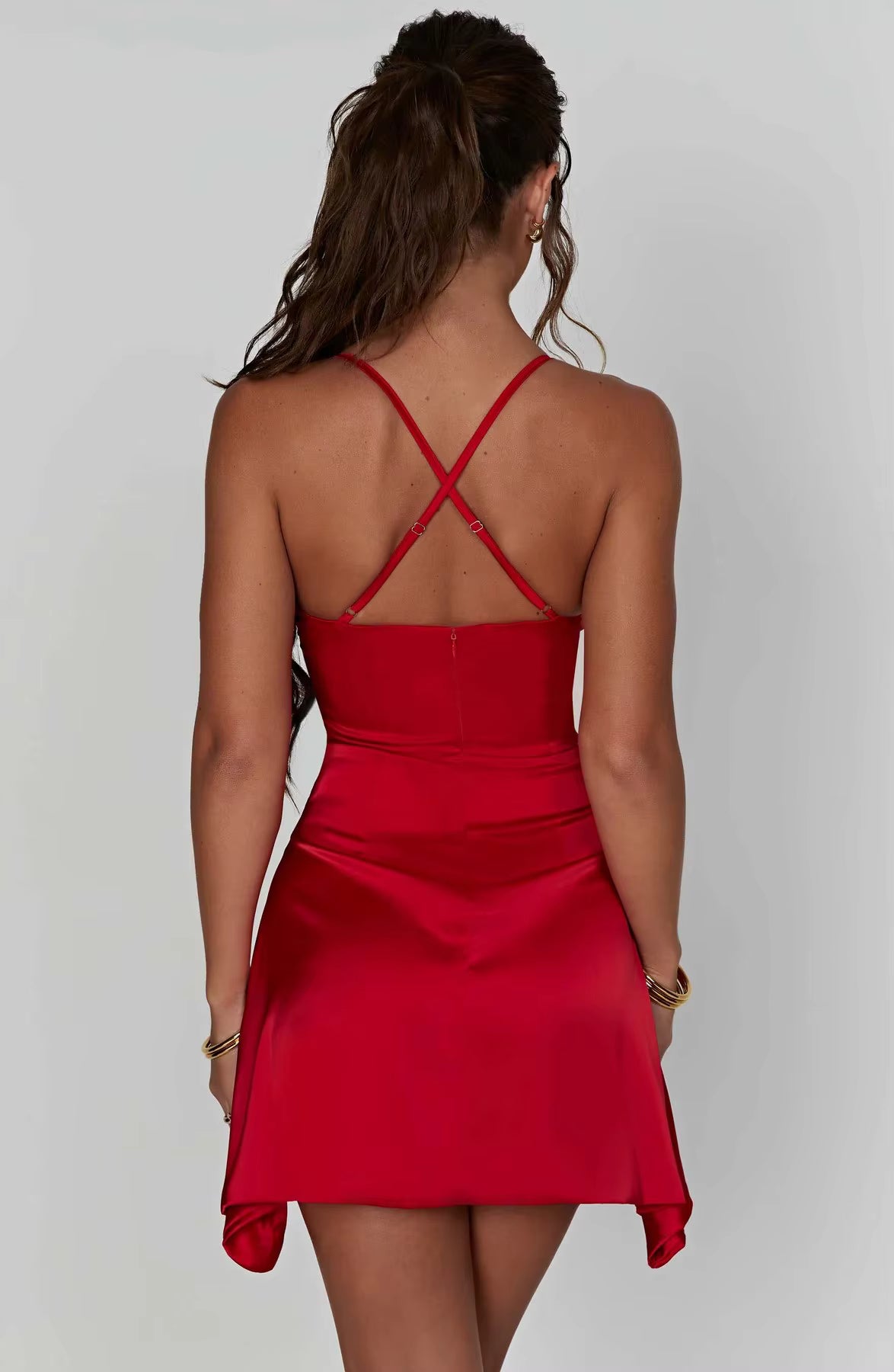 Vestido Sophia  mini de verano de verano con escote en V y sin espalda, moda transfronteriza de color sólido