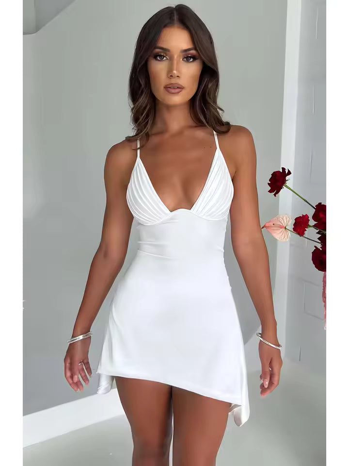 Vestido Sophia  mini de verano de verano con escote en V y sin espalda, moda transfronteriza de color sólido