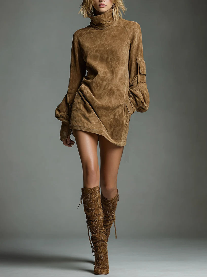 Bibiane | Vestido mini oversize de ante con cuello alto