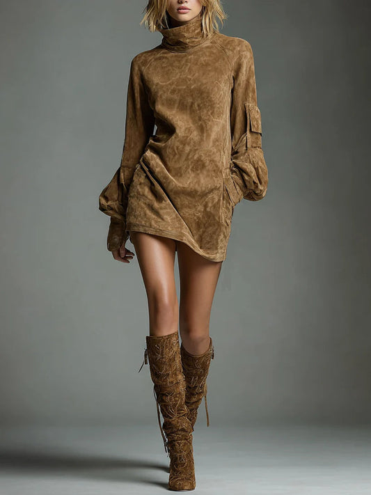 Bibiane | Vestido mini oversize de ante con cuello alto