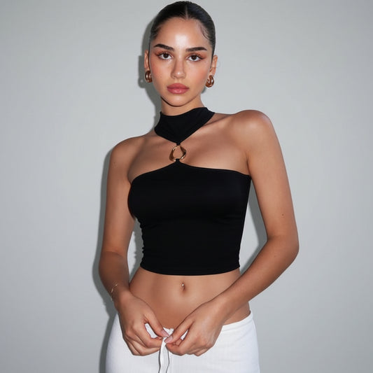 Women's Solid Color Slim Fit Crop Top With Halter Neck